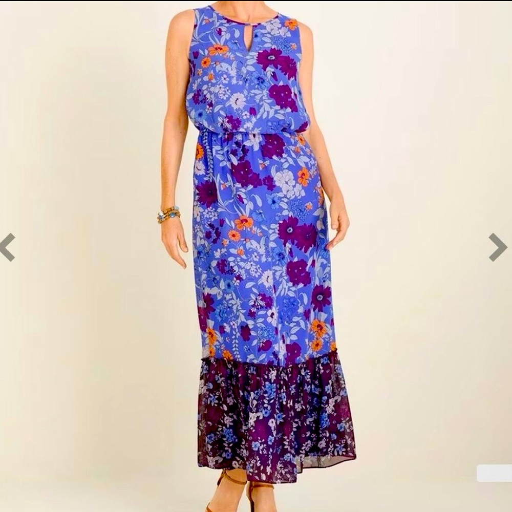 CHICOS Purple Floral Print Keyhole Blouson Sleeveless Maxi Dress Size 10